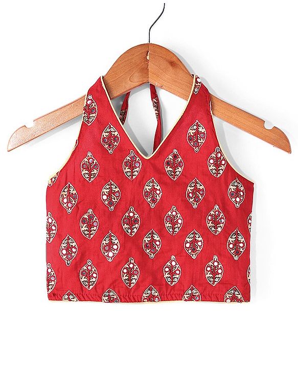 Babyhug 100% Cotton Woven Sleeveless Halter Neck Embroidered Choli Cambric Printed Tiered Lehenga & Dupatta Set - Red