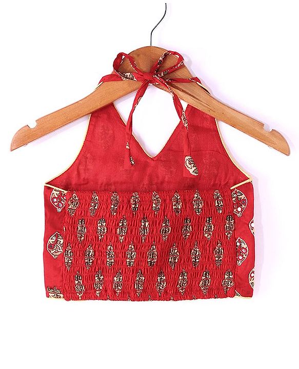 Babyhug 100% Cotton Woven Sleeveless Halter Neck Embroidered Choli Cambric Printed Tiered Lehenga & Dupatta Set - Red