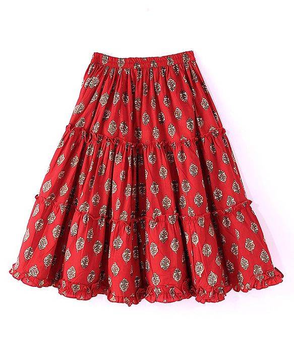 Babyhug 100% Cotton Woven Sleeveless Halter Neck Embroidered Choli Cambric Printed Tiered Lehenga & Dupatta Set - Red