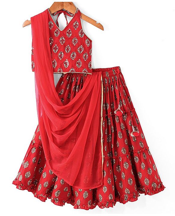 Babyhug 100% Cotton Woven Sleeveless Halter Neck Embroidered Choli Cambric Printed Tiered Lehenga & Dupatta Set - Red
