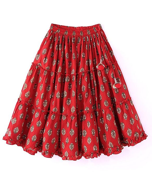 Babyhug 100% Cotton Woven Sleeveless Halter Neck Embroidered Choli Cambric Printed Tiered Lehenga & Dupatta Set - Red
