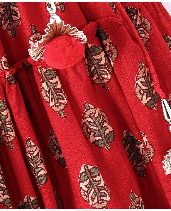 Babyhug 100% Cotton Woven Sleeveless Halter Neck Embroidered Choli Cambric Printed Tiered Lehenga & Dupatta Set - Red