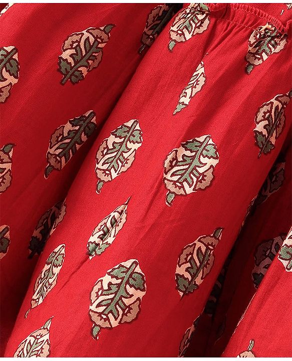 Babyhug 100% Cotton Woven Sleeveless Halter Neck Embroidered Choli Cambric Printed Tiered Lehenga & Dupatta Set - Red