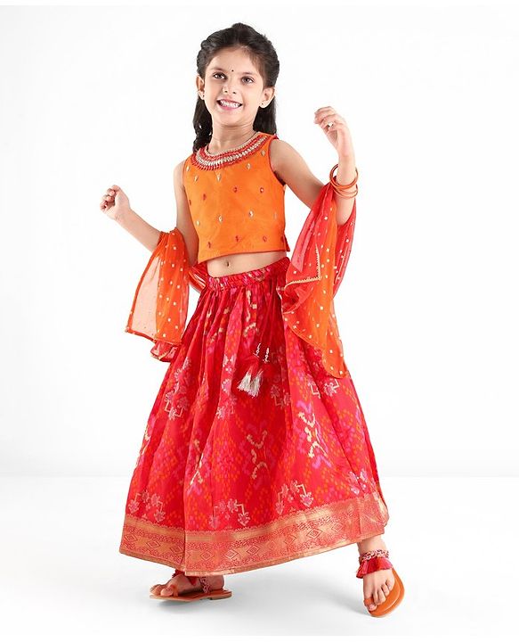 Babyhug Sleeveless Zari Embroidered Choli with Pattola Printed Lehenga and Dupatta Set - Red & Mustard