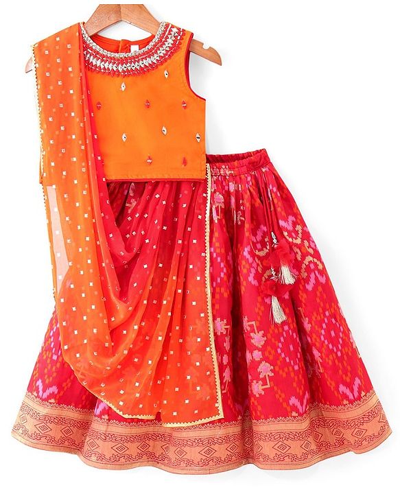 Babyhug Sleeveless Zari Embroidered Choli with Pattola Printed Lehenga and Dupatta Set - Red & Mustard