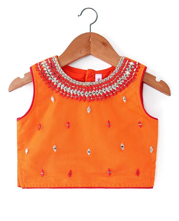 Babyhug Sleeveless Zari Embroidered Choli with Pattola Printed Lehenga and Dupatta Set - Red & Mustard