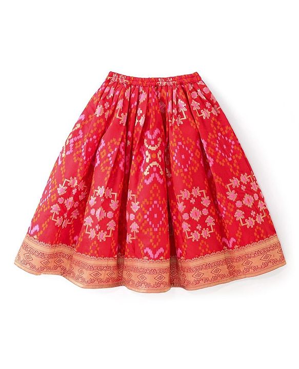 Babyhug Sleeveless Zari Embroidered Choli with Pattola Printed Lehenga and Dupatta Set - Red & Mustard