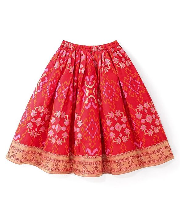 Babyhug Sleeveless Zari Embroidered Choli with Pattola Printed Lehenga and Dupatta Set - Red & Mustard