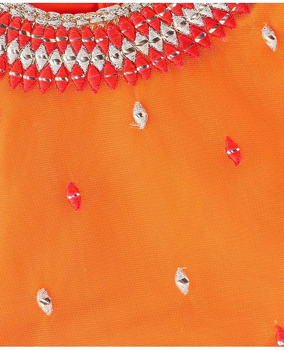 Babyhug Sleeveless Zari Embroidered Choli with Pattola Printed Lehenga and Dupatta Set - Red & Mustard