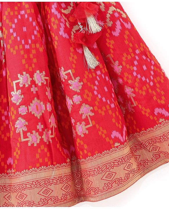 Babyhug Sleeveless Zari Embroidered Choli with Pattola Printed Lehenga and Dupatta Set - Red & Mustard