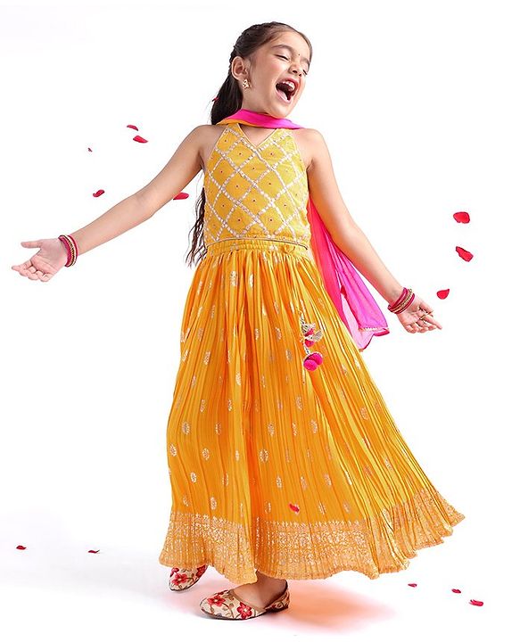 Babyhug Halterneck Sleeveless Zari Embroidered Choli with Foil Printed Lehenga and Dupatta Set - Mustard