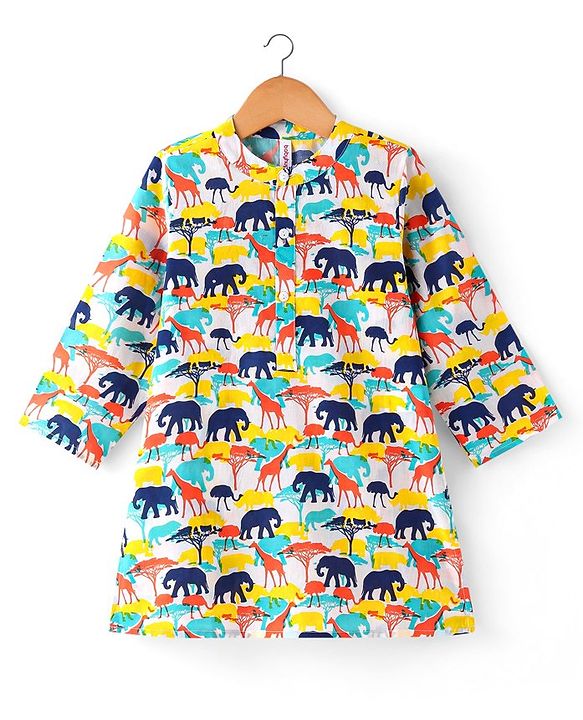 Babyhug 100% Cotton Woven Full Sleeves Kurta Wild Animal Print - Multicolour