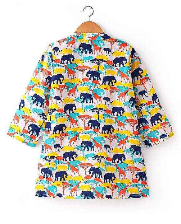 Babyhug 100% Cotton Woven Full Sleeves Kurta Wild Animal Print - Multicolour