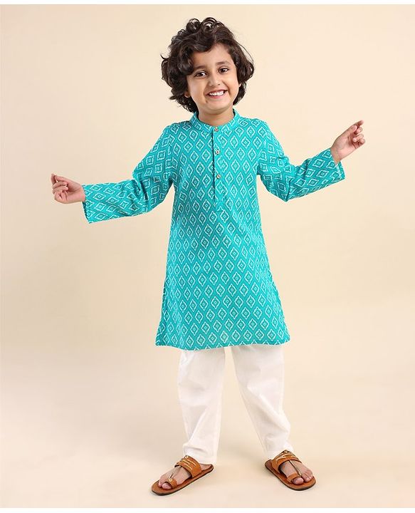 Babyhug 100% Cotton Woven Full Sleeves Printed Kurta Payjama Set- Blue