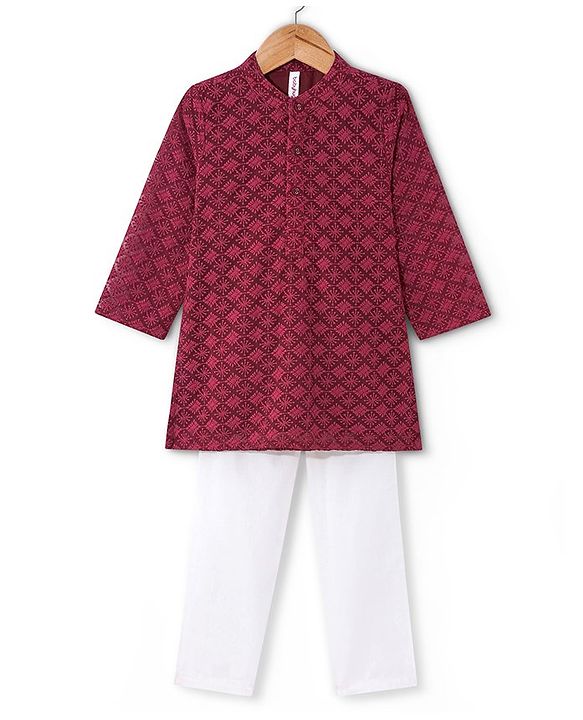 Babyhug 100% Cotton Schiffli Woven Full Sleeves Kurta & Pyjama Set With Floral Design - Maroon