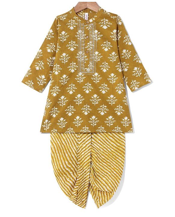 Babyhug 100% Cotton Woven Full Sleeves Floral Print  Kurta & Dhoti Set - Yellow