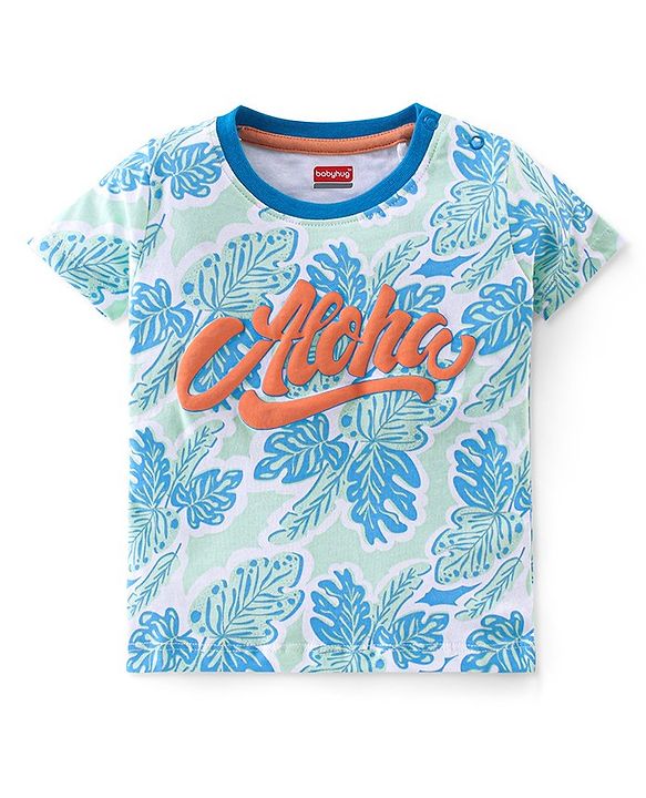 Babyhug Cotton Knit Half Sleeves Tropical & Text Printed T-Shirt - White & Blue