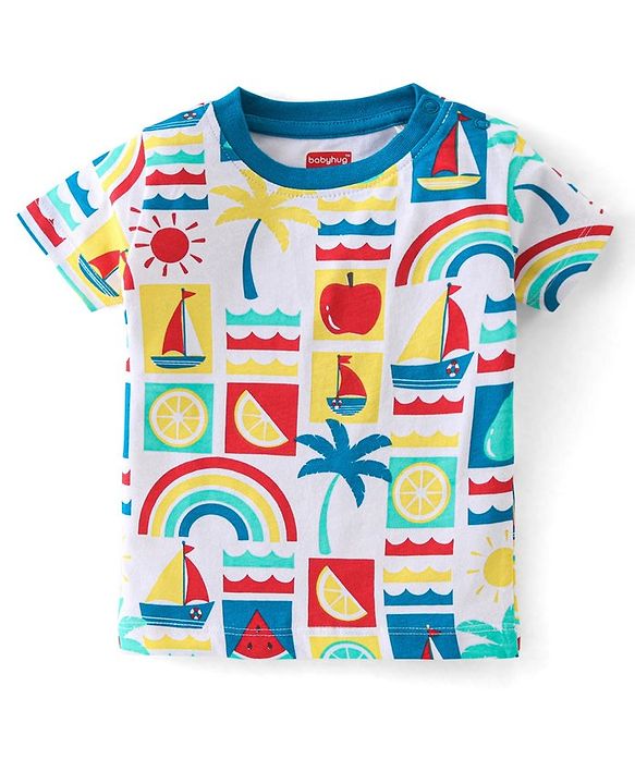 Babyhug 100% Cotton Knit Half Sleeves T-Shirt Boat Print -White