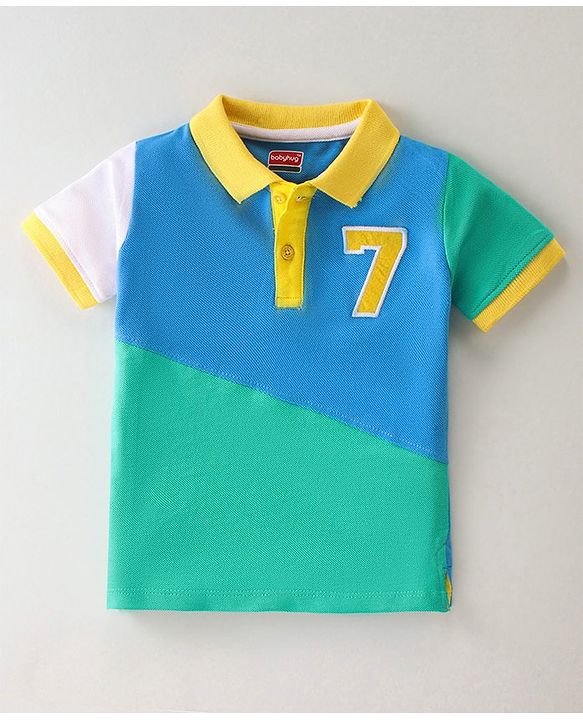 Babyhug Cotton Knit Half Sleeves Cut & Sew with Graphics & Embroidery Detailing Polo T-Shirt - Blue & Green