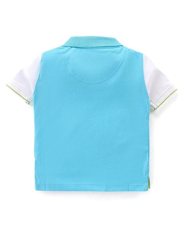 Babyhug 100% Cotton Knit Half Sleeves Striped Polo T-Shirt- Blue & Green