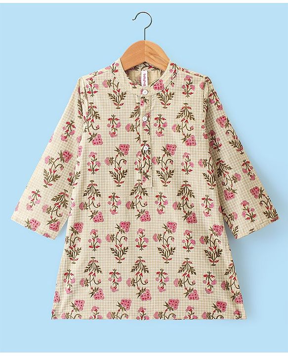 Babyhug Cotton Dobby Full Sleeves Floral Printed Kurta & Dhoti Set - Beige