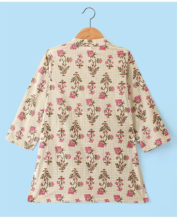 Babyhug Cotton Dobby Full Sleeves Floral Printed Kurta & Dhoti Set - Beige