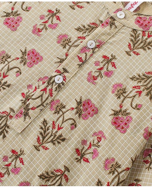 Babyhug Cotton Dobby Full Sleeves Floral Printed Kurta & Dhoti Set - Beige