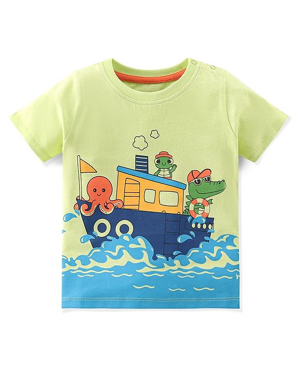 Babyhug 100% Cotton Knit Half Sleeve T-Shirt Marine Life Graphics - Green