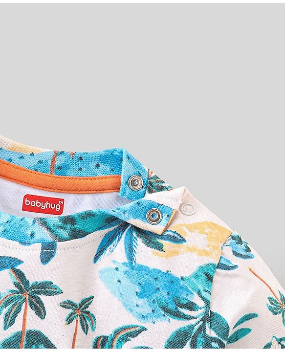 Babyhug 100% Cotton Knit Half Sleeves T-Shirt Palm Tree Print -White