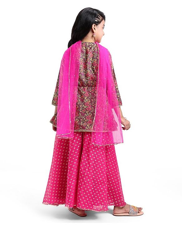 Pine Kids Full Sleeves Floral Detailing Choli with Foil Printed Lehenga Set with Dupatta - Pink