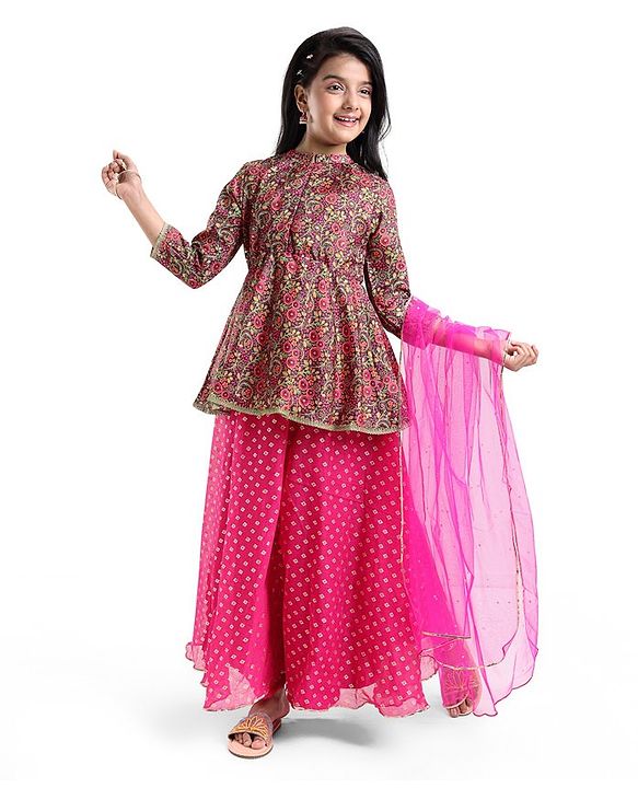 Pine Kids Full Sleeves Floral Detailing Choli with Foil Printed Lehenga Set with Dupatta - Pink