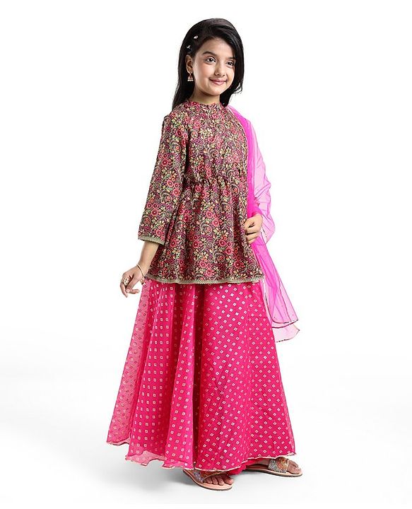 Pine Kids Full Sleeves Floral Detailing Choli with Foil Printed Lehenga Set with Dupatta - Pink