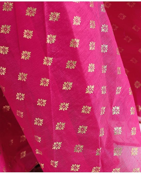 Pine Kids Full Sleeves Floral Detailing Choli with Foil Printed Lehenga Set with Dupatta - Pink