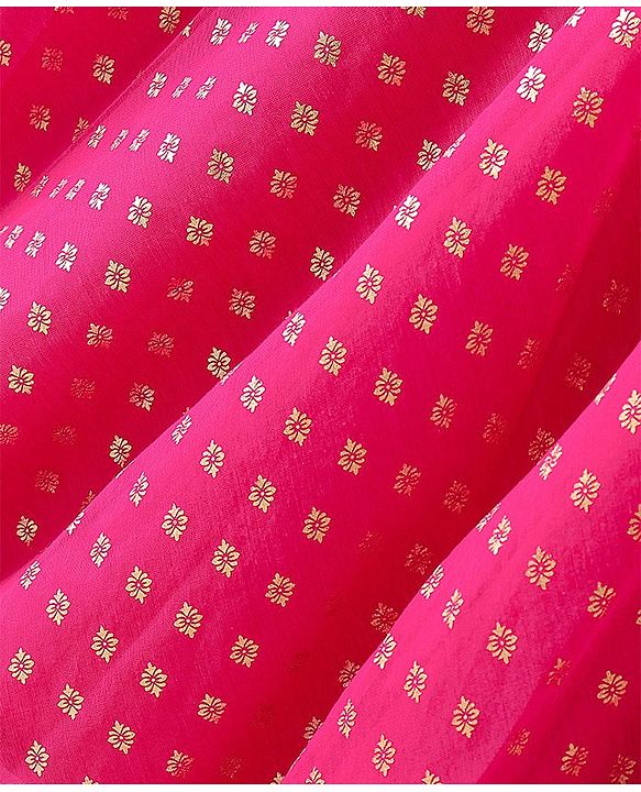 Pine Kids Full Sleeves Floral Detailing Choli with Foil Printed Lehenga Set with Dupatta - Pink
