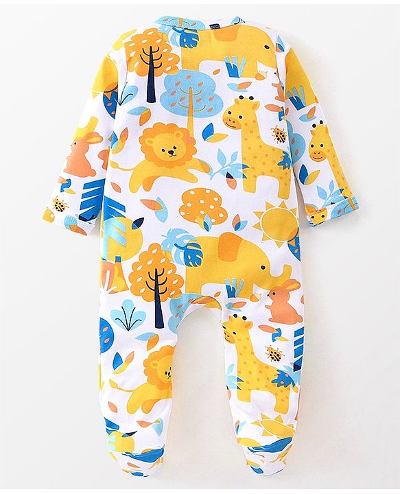 Babyhug Cotton Knit Full Sleeves Footed Sleep Suit With Lion Print - White Blue & Yellow