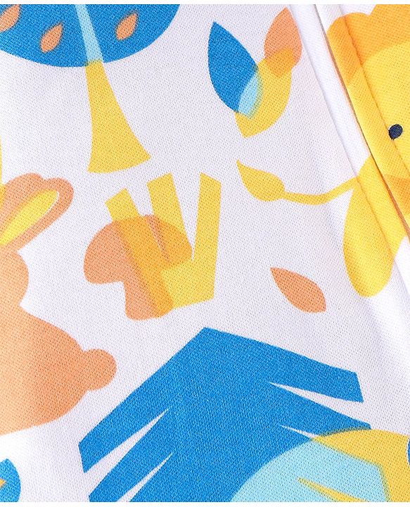 Babyhug Cotton Knit Full Sleeves Footed Sleep Suit With Lion Print - White Blue & Yellow
