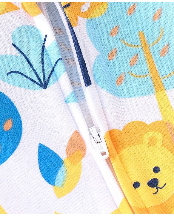 Babyhug Cotton Knit Full Sleeves Footed Sleep Suit With Lion Print - White Blue & Yellow