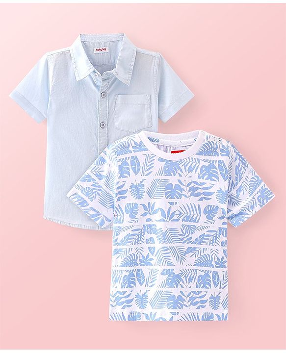 Babyhug Cotton Woven Half Sleeves   Solid Shirt with T-Shirt Leaf Print - Blue