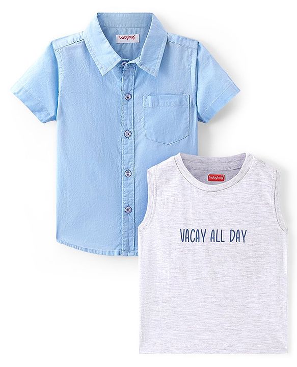 Babyhug Cotton Woven Half Sleeves Solid Shirt with T-Shirt - Blue