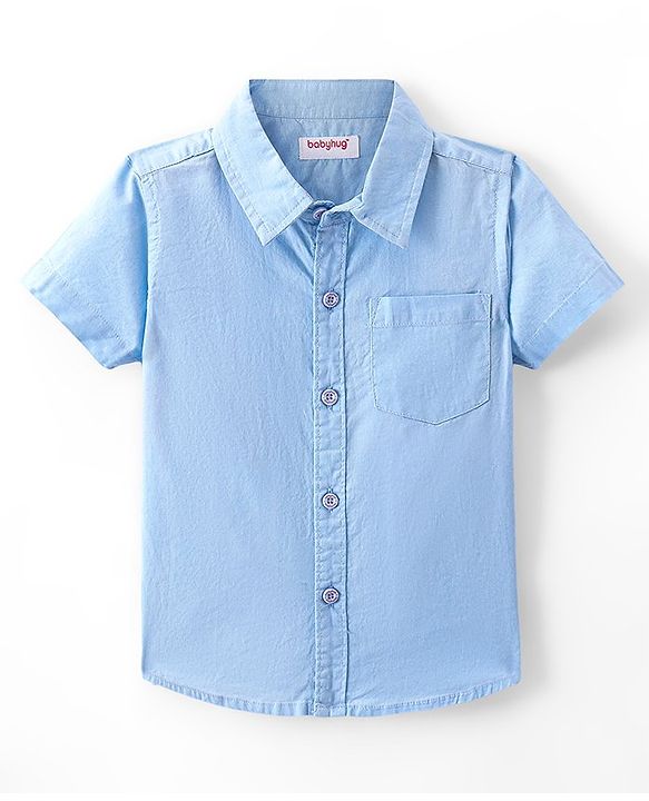 Babyhug Cotton Woven Half Sleeves Solid Shirt with T-Shirt - Blue