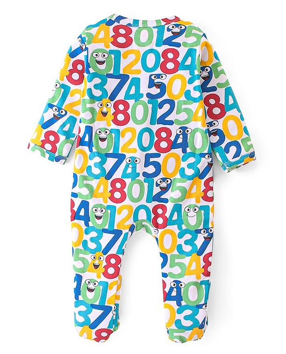 Babyhug Cotton Interlock Knit Full Sleeves Sleep Suit Neumeric Print - Multicolour