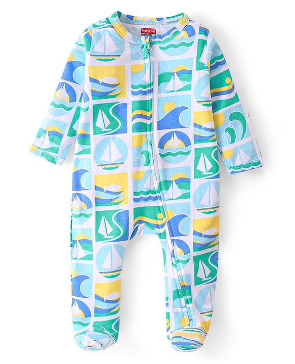 Babyhug Cotton Knit Full Sleeves Footed Sleep Suit With Boat Print - Blue