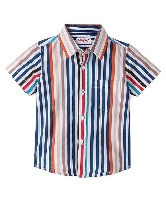 Babyhug 100% Cotton Woven Half Sleeves Regular Collar Striped Shirt- Multicolor