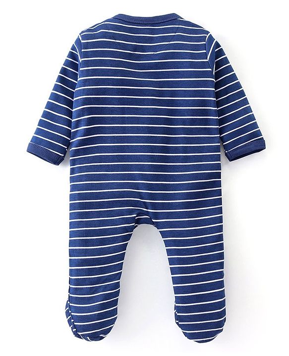 Babyhug Cotton Knit Full Sleeves Striped Sleep Suit With Lion Print - Blue
