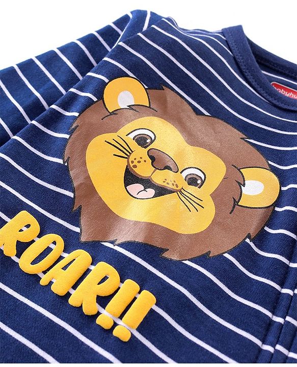 Babyhug Cotton Knit Full Sleeves Striped Sleep Suit With Lion Print - Blue