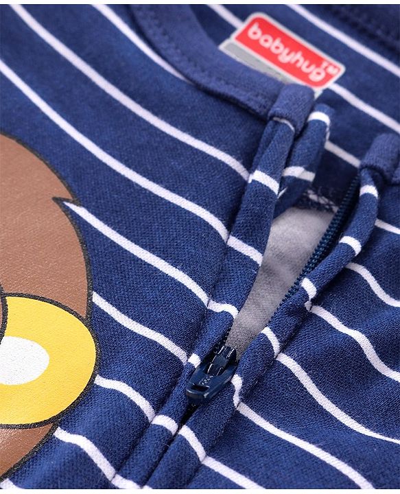 Babyhug Cotton Knit Full Sleeves Striped Sleep Suit With Lion Print - Blue