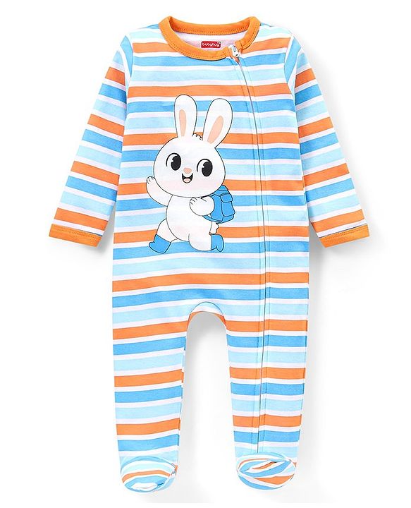Babyhug Cotton Full Sleeves Striped Sleepsuit Bunny Print - Multicolour