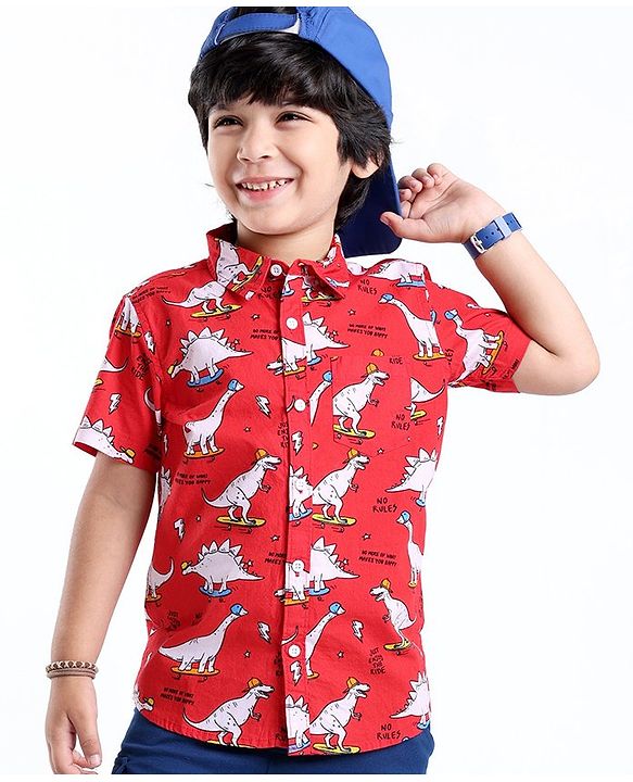 Babyhug Cotton Woven Half Sleeves Dino Printed Shirt - Red
