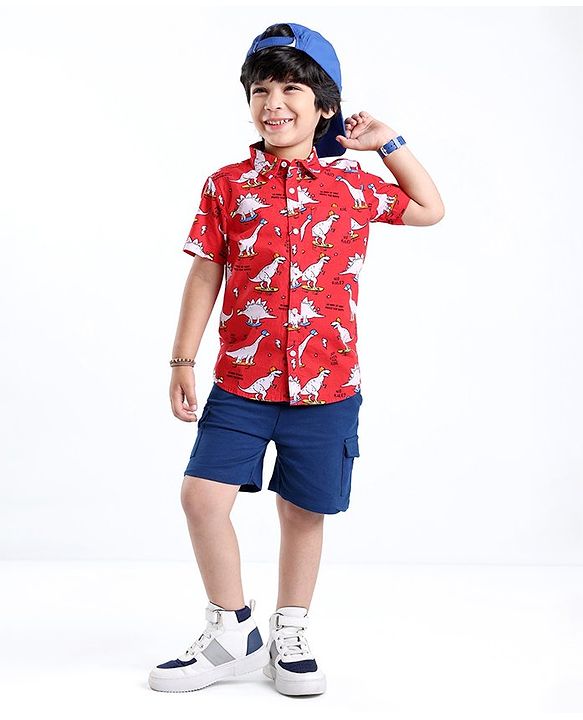 Babyhug Cotton Woven Half Sleeves Dino Printed Shirt - Red