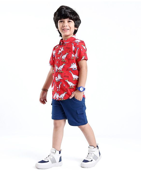 Babyhug Cotton Woven Half Sleeves Dino Printed Shirt - Red